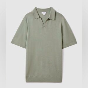REISS Duchie Open Collar Merino Wool Polo Sweater S/S Shirt Mens Large Green